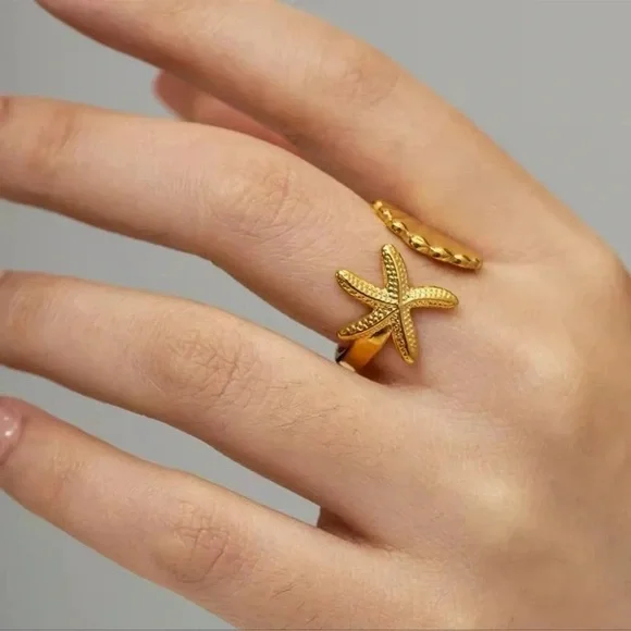 Seashell Starfish 18K Gold Stainless Steel Waterproof Adjustable Ring - Picture 2 of 10